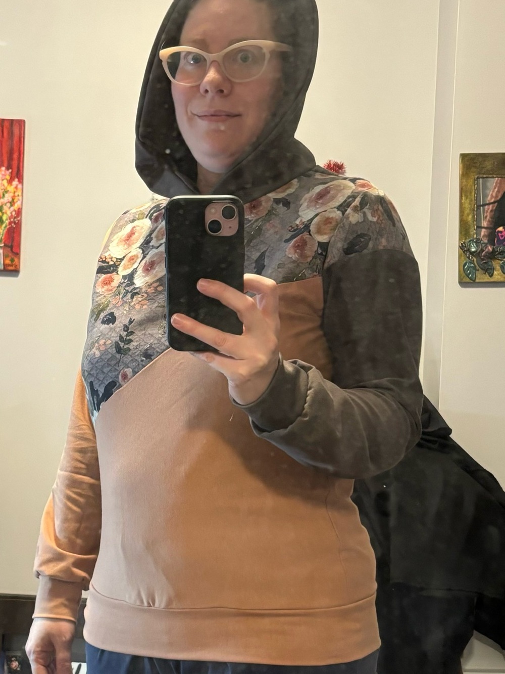 Floral Paneled Hooded Sweatshirt in Tan and Gray. Hand made.